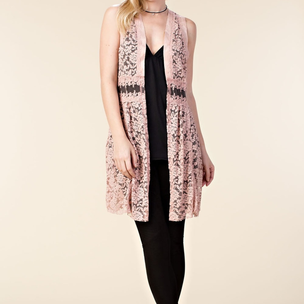Pink  Suede and Lace Open Front Vest